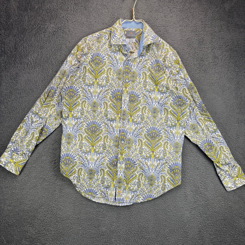 Thomas Dean Mens Medium Blue Yellow Damask Paisley Cotton Button Down Shirt